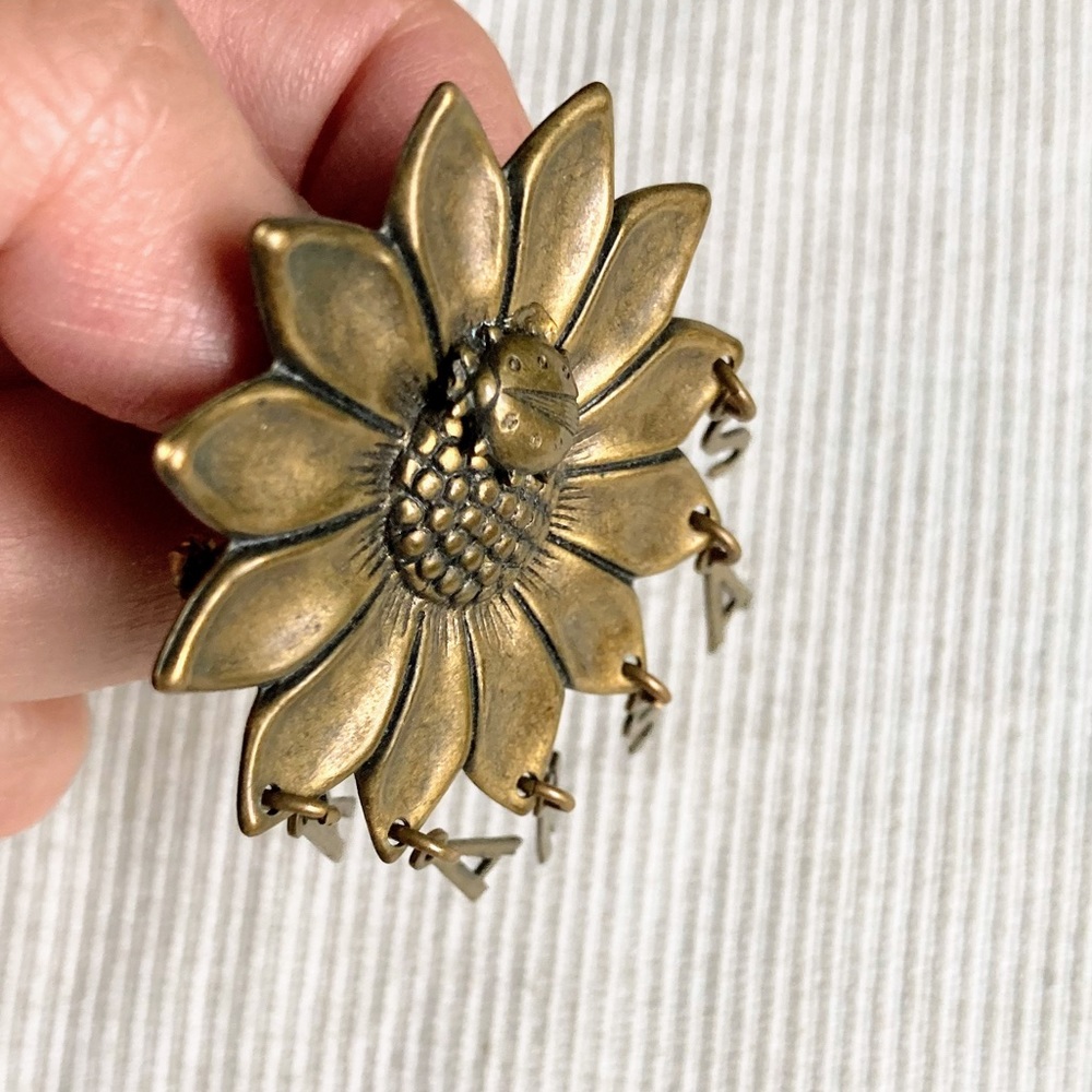 Vintage Kansas Sunflower Ladybug Dangling Letters Brass Brooch Pin - Picture 3 of 6